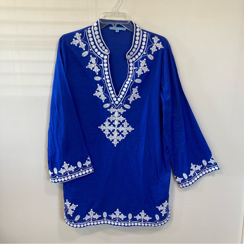 Antonio Melani Tunic Top Sz M Womens Royal Blue White Embroidery Cotton
